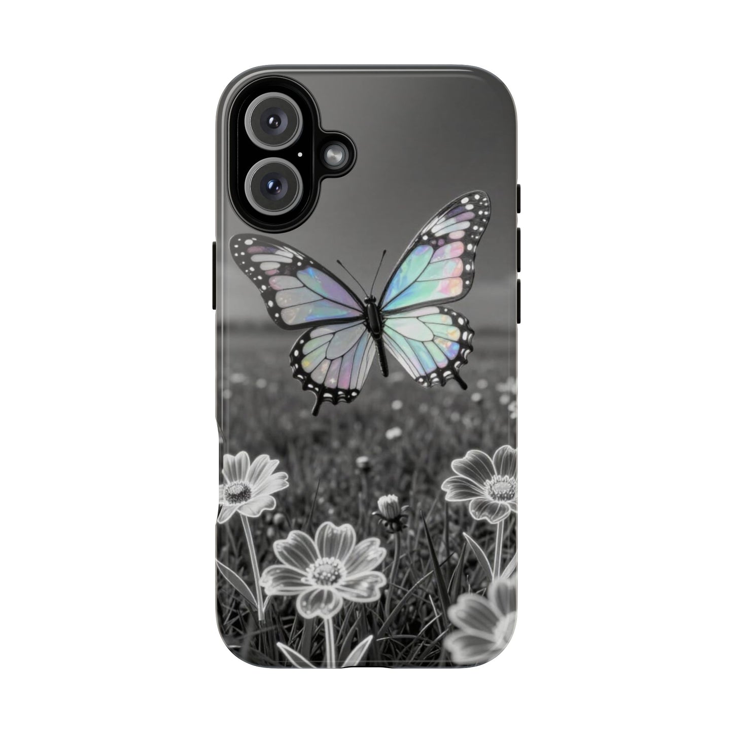 Butterfly Field Tough Phone Case — Pastel Holographic Butterfly on Black & White Floral Background