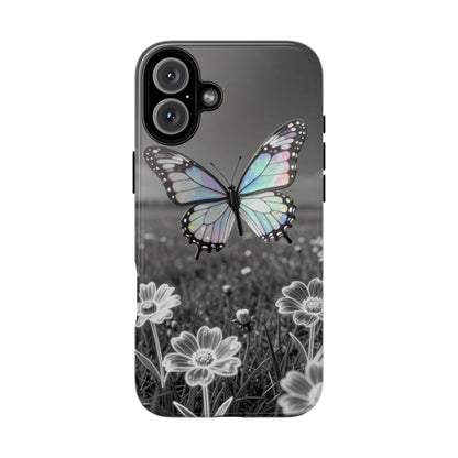 Butterfly Field Tough Phone Case — Pastel Holographic Butterfly on Black & White Floral Background