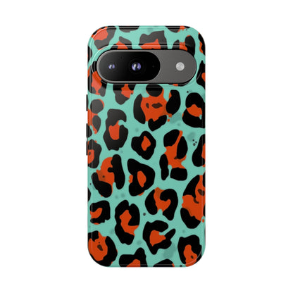 Leopard Print Tough Phone Case — Teal & Rust Protective iPhone Cover