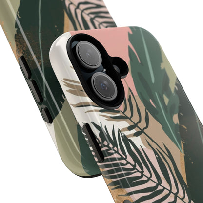 Tropical Leaf Tough Phone Case — Abstract Pink & Green Botanical Protective Cover