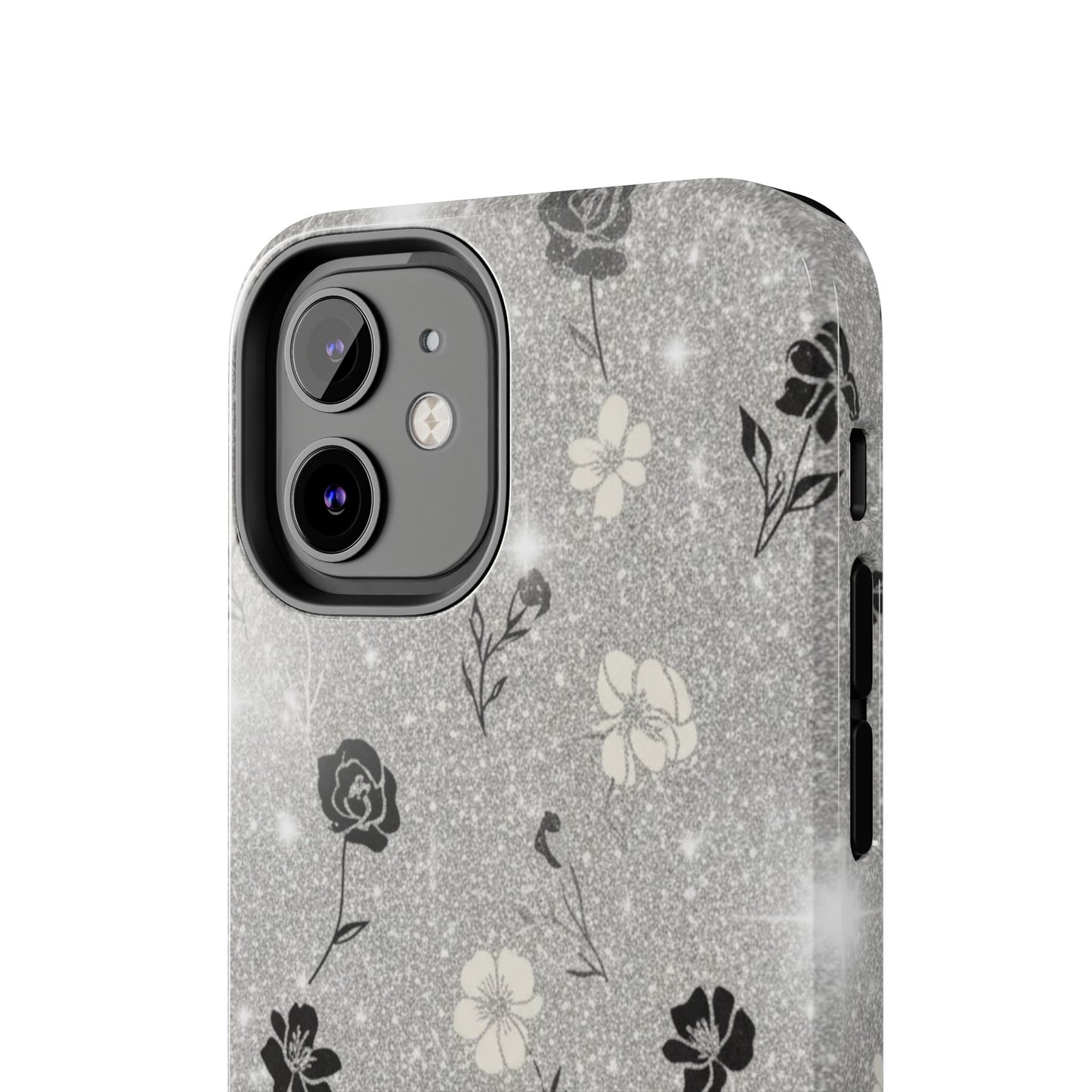 Floral Glitter Tough Phone Case — Black & Silver Vintage Flower Protective Cover