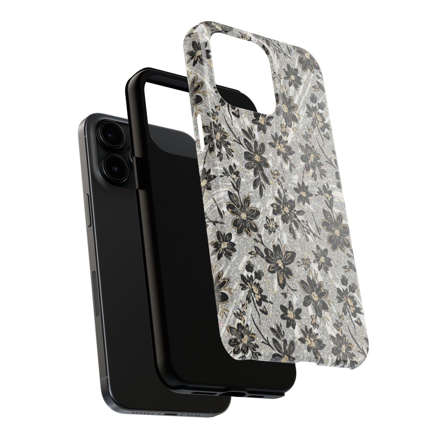 Floral Vintage Tough Phone Case — Black & Gray Rustic Flower Protective Case