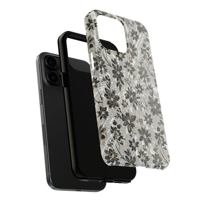 Floral Vintage Tough Phone Case — Black & Gray Rustic Flower Protective Case