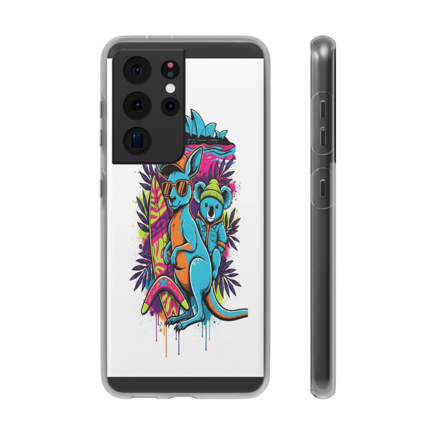 Kangaroo & Koala Surf Phone Case — Neon Aussie Beach Vibes Flexible Case