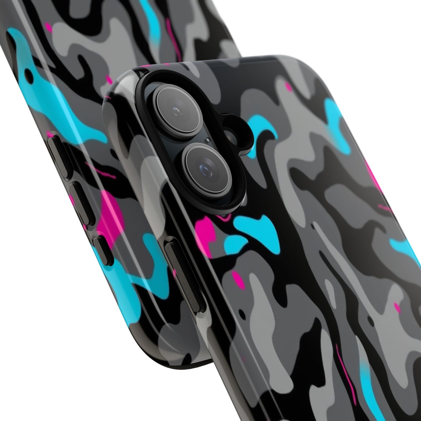 Camouflage Phone Case — Gray Camo with Neon Pink & Cyan Accent Tough Protective Cover