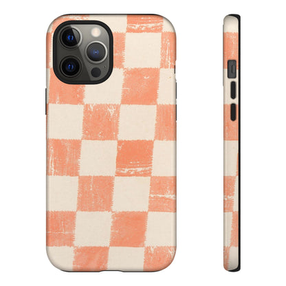 Peach Checkerboard Tough Phone Case — Retro Distressed Grid Design