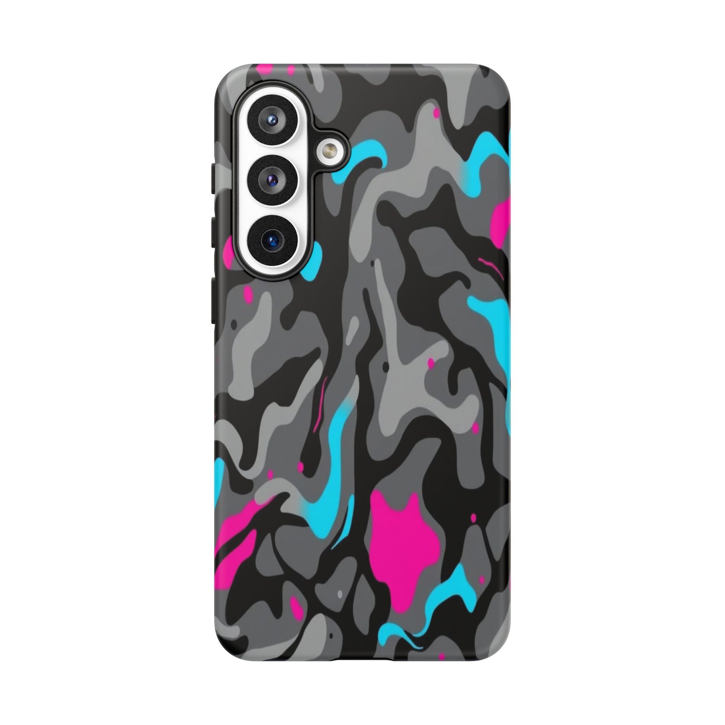 Camouflage Phone Case — Gray Camo with Neon Pink & Cyan Accent Tough Protective Cover