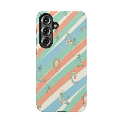 Retro Beach Stripes Phone Case — Sun, Waves & Palm Pattern Tough Case