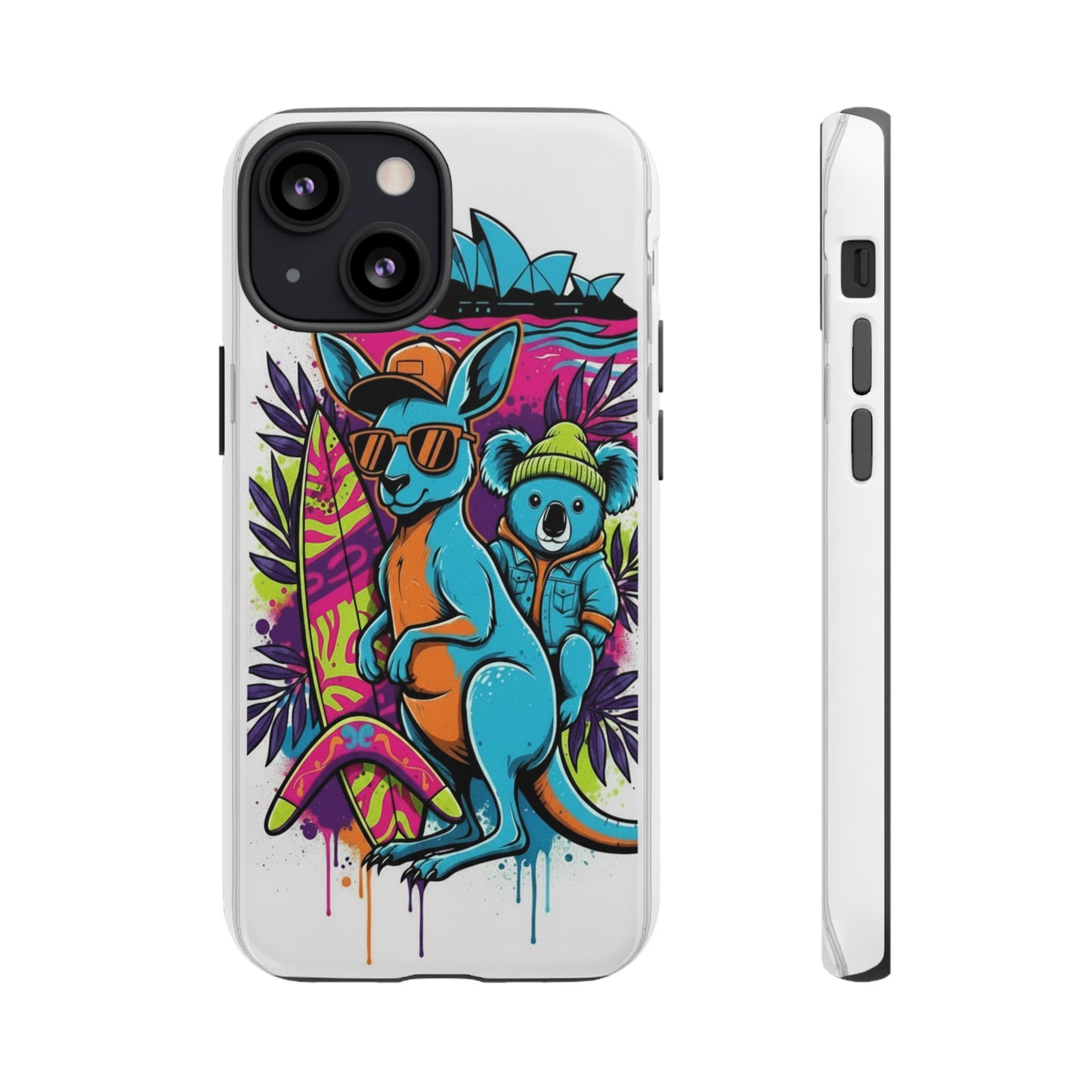 Kangaroo & Koala Surf Phone Case — Retro Neon Beach Art Tough Case