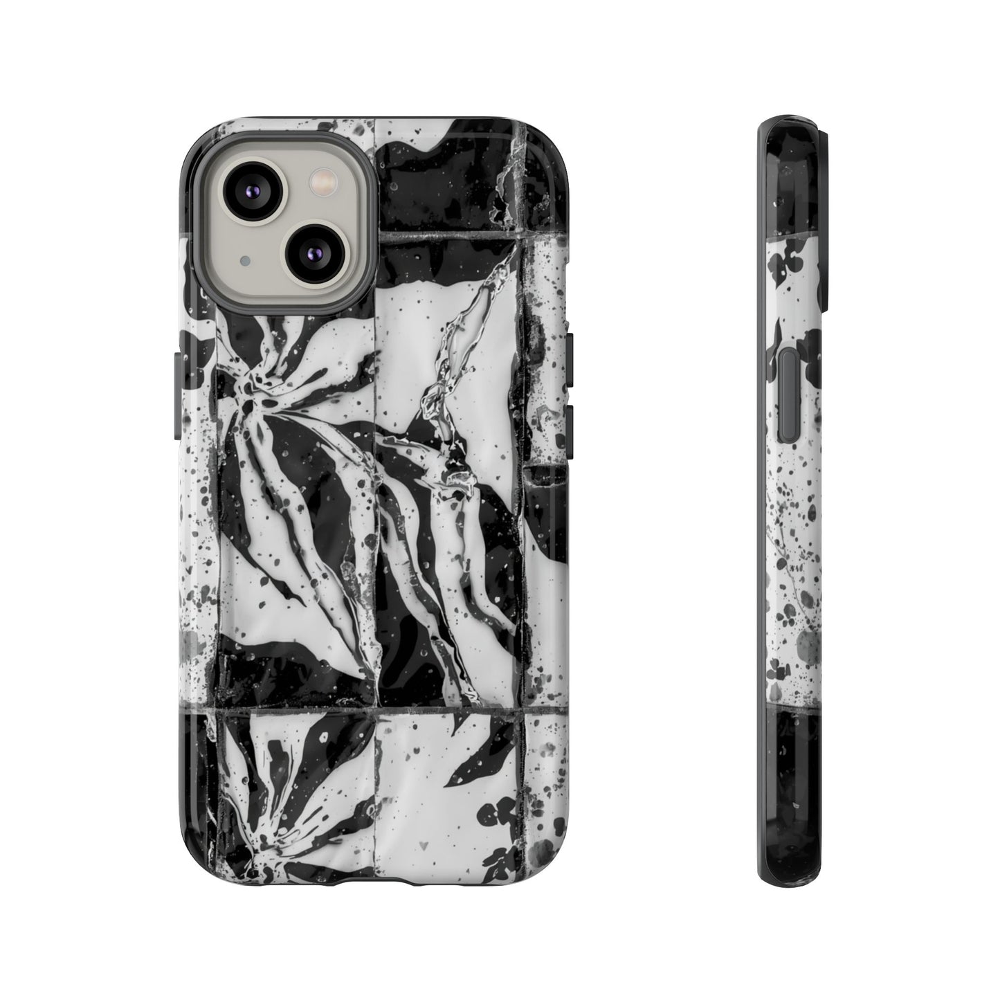 Monochrome Tile Floral Tough Phone Case