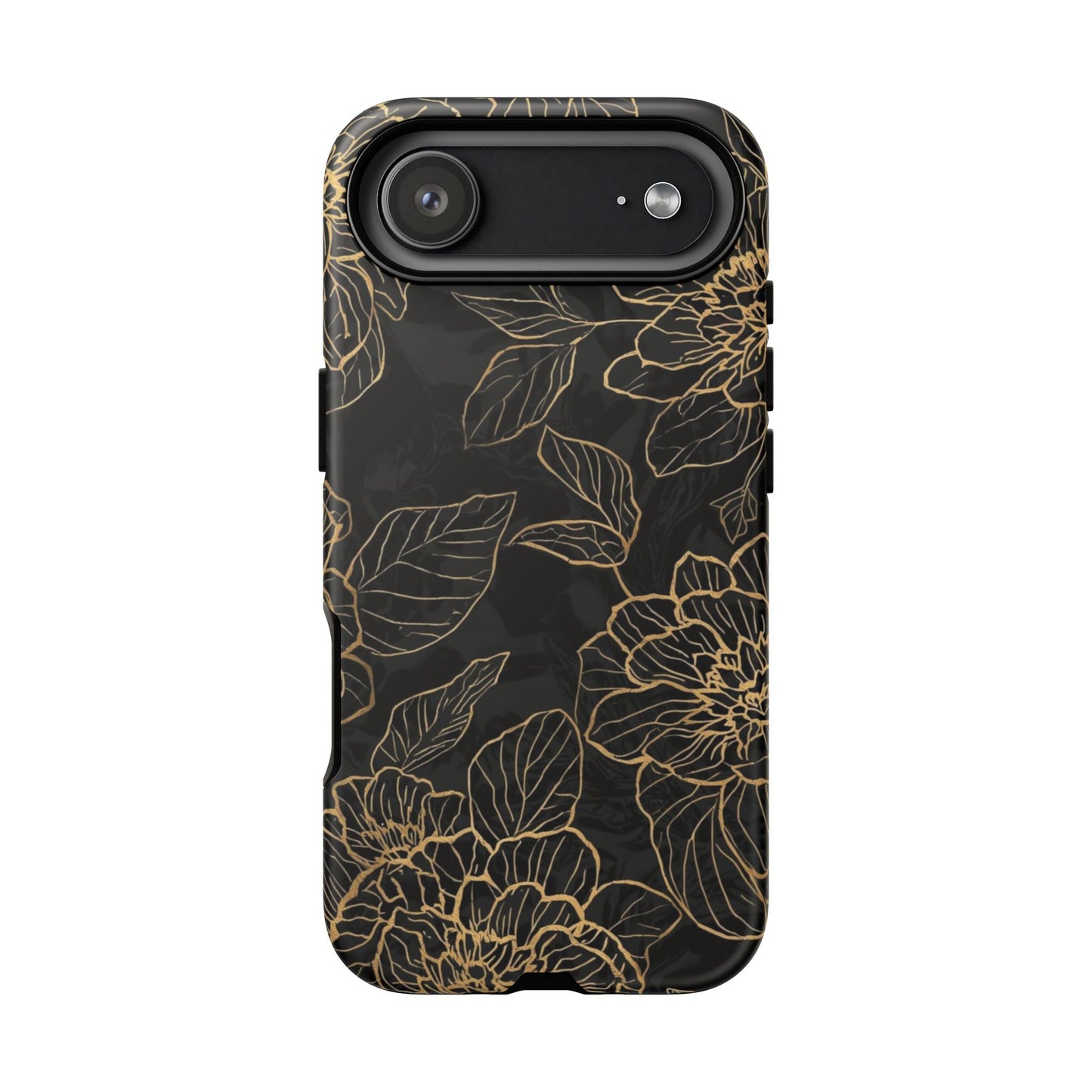 Floral Gold Outline Tough Phone Case – Black Botanical Protective Cover