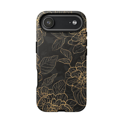 Floral Gold Outline Tough Phone Case – Black Botanical Protective Cover