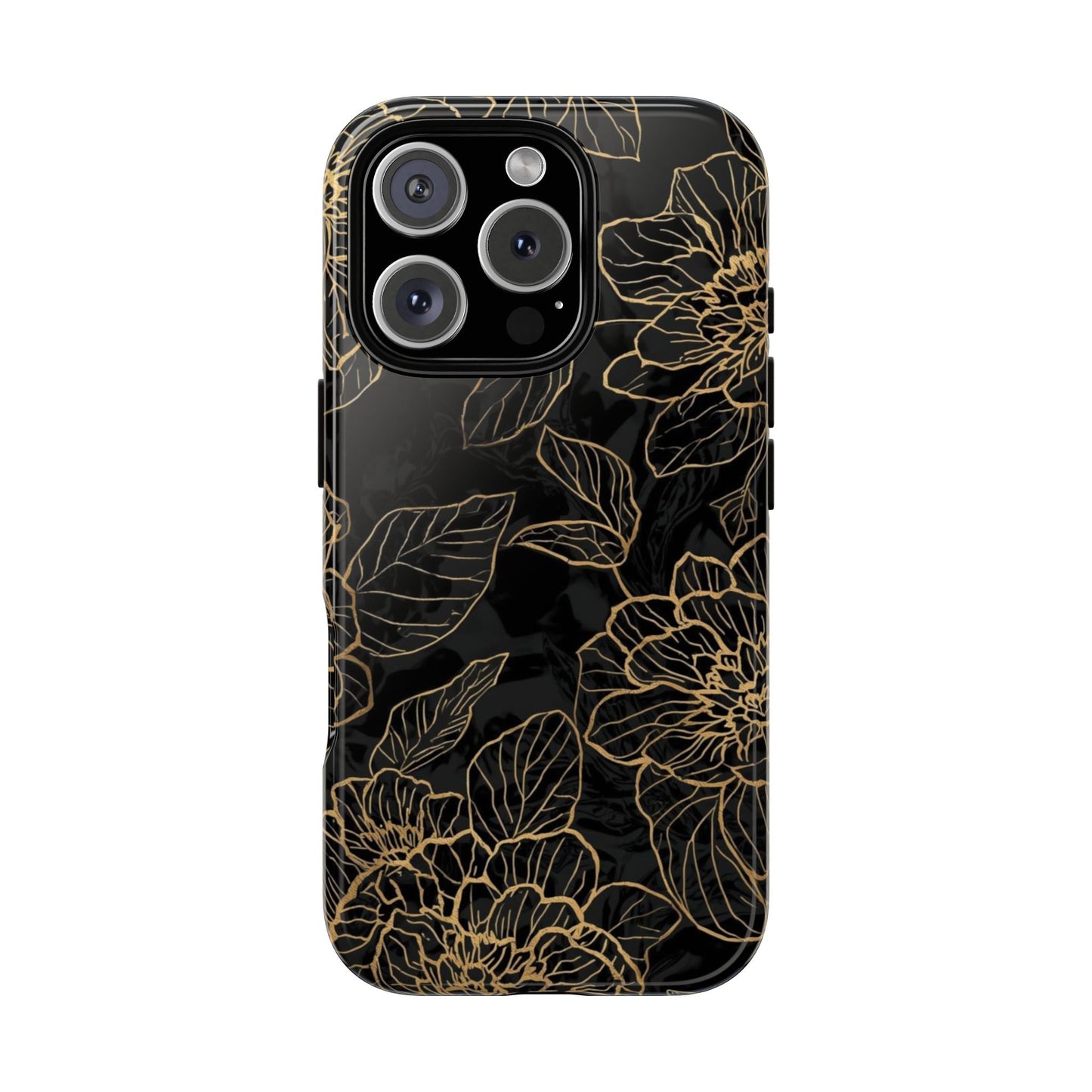 Floral Gold Outline Tough Phone Case – Black Botanical Protective Cover