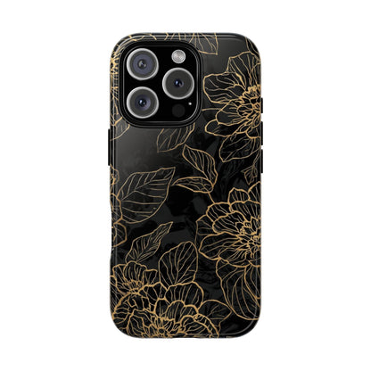 Floral Gold Outline Tough Phone Case – Black Botanical Protective Cover