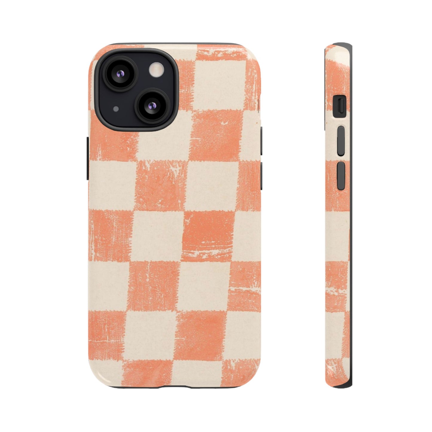 Peach Checkerboard Tough Phone Case — Retro Distressed Grid Design