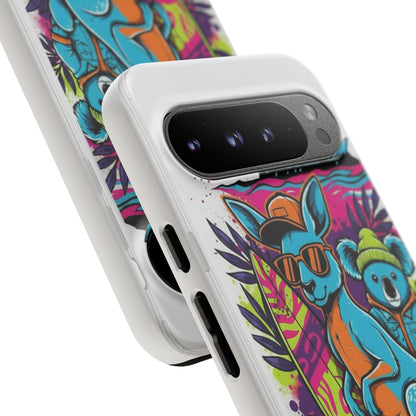 Kangaroo & Koala Surf Phone Case — Retro Neon Beach Art Tough Case