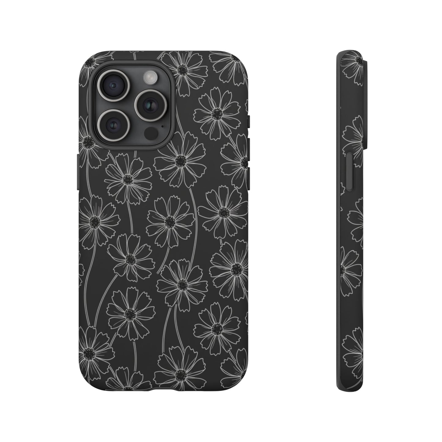 Floral Doodle Tough Phone Case — Black & Gray Daisy Pattern