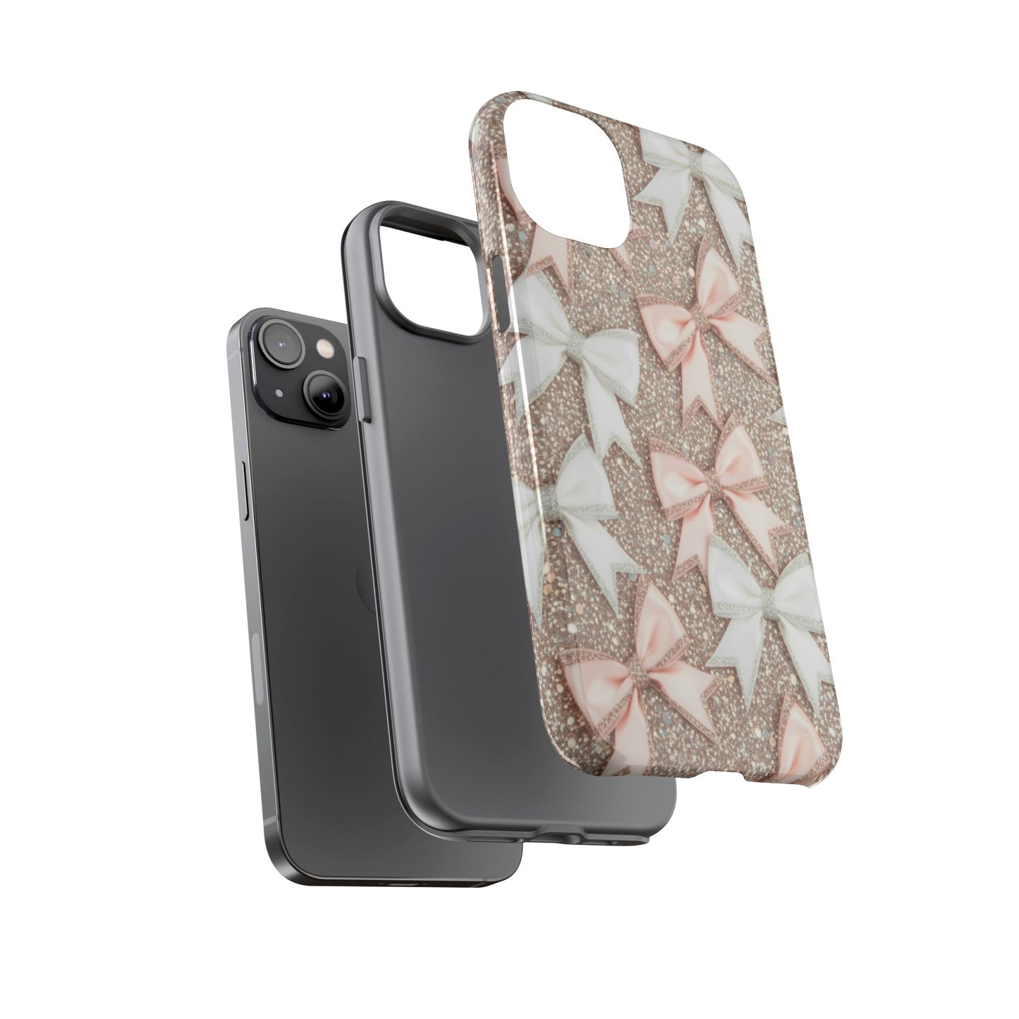 Glitter Bow Tough Phone Case — Pink & White Ribbon Protective Cover