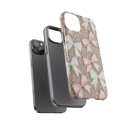 Glitter Bow Tough Phone Case — Pink & White Ribbon Protective Cover