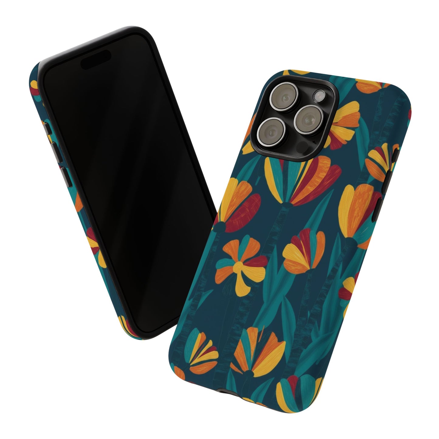 Floral Retro Teal Tough Phone Case — Vibrant Orange & Mustard Blooms