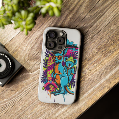 Kangaroo & Koala Surf Phone Case — Retro Neon Beach Art Tough Case