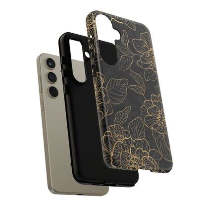 Floral Gold Outline Tough Phone Case – Black Botanical Protective Cover