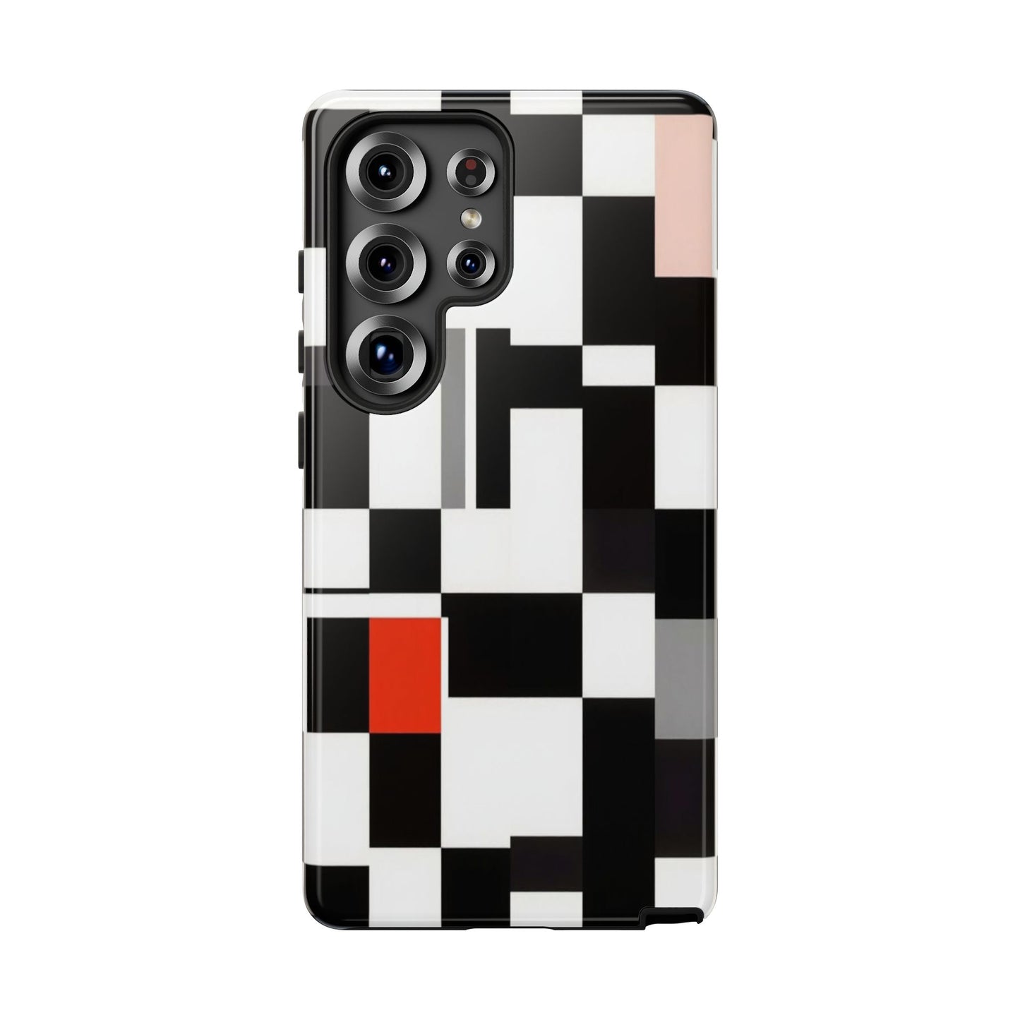 Abstract Geometric Phone Case – Black & White Checker Grid with Red Accent