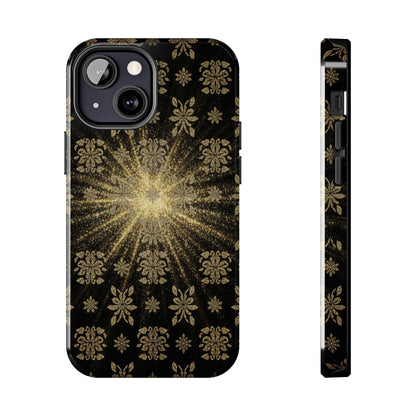 Glitter Burst Tough Phone Case — Black & Gold Floral Protective Cover