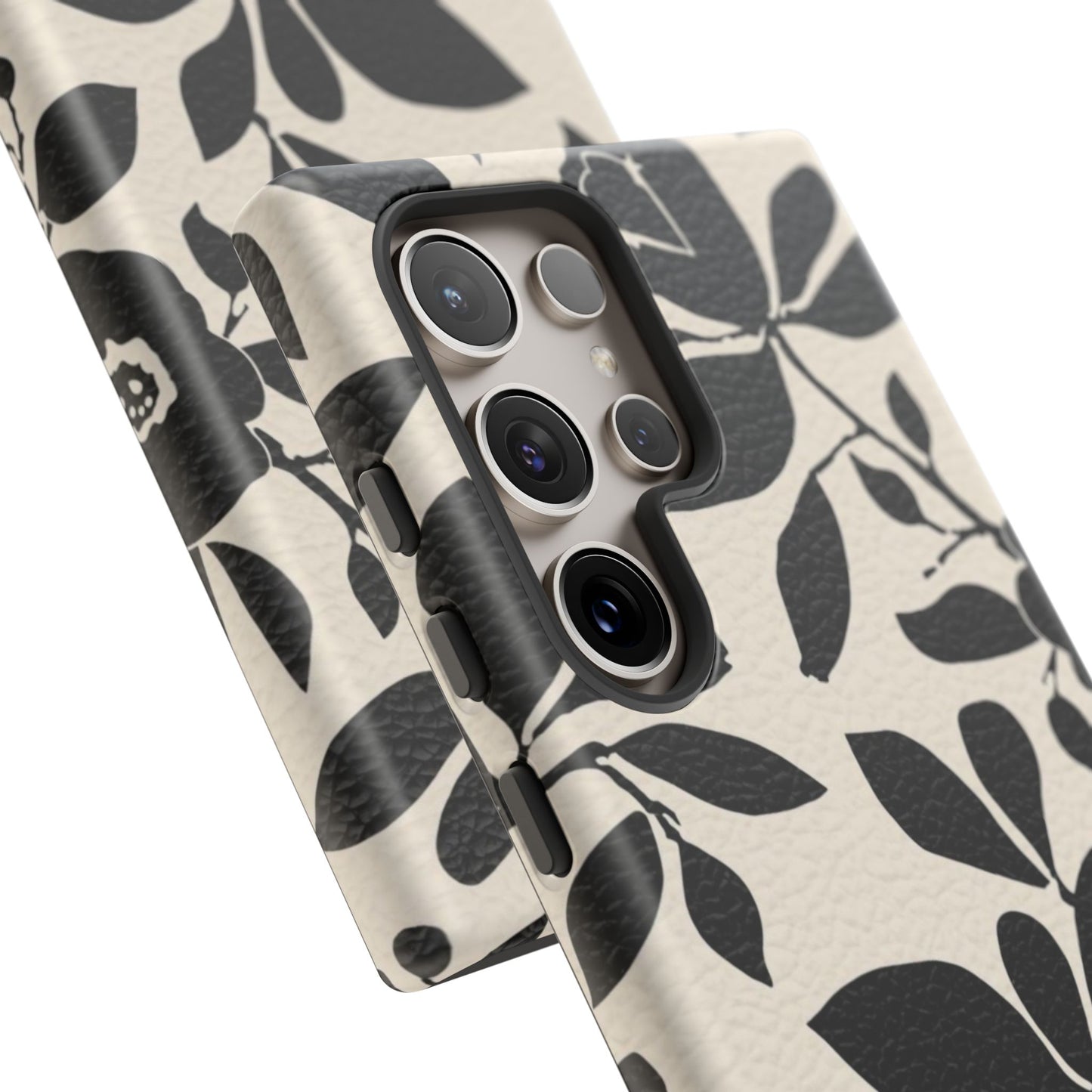 Black Floral Pattern Phone Case — Monochrome Botanical Tough Case