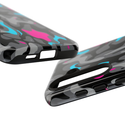 Camouflage Phone Case — Gray Camo with Neon Pink & Cyan Accent Tough Protective Cover