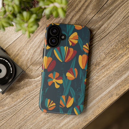 Floral Retro Teal Tough Phone Case — Vibrant Orange & Mustard Blooms