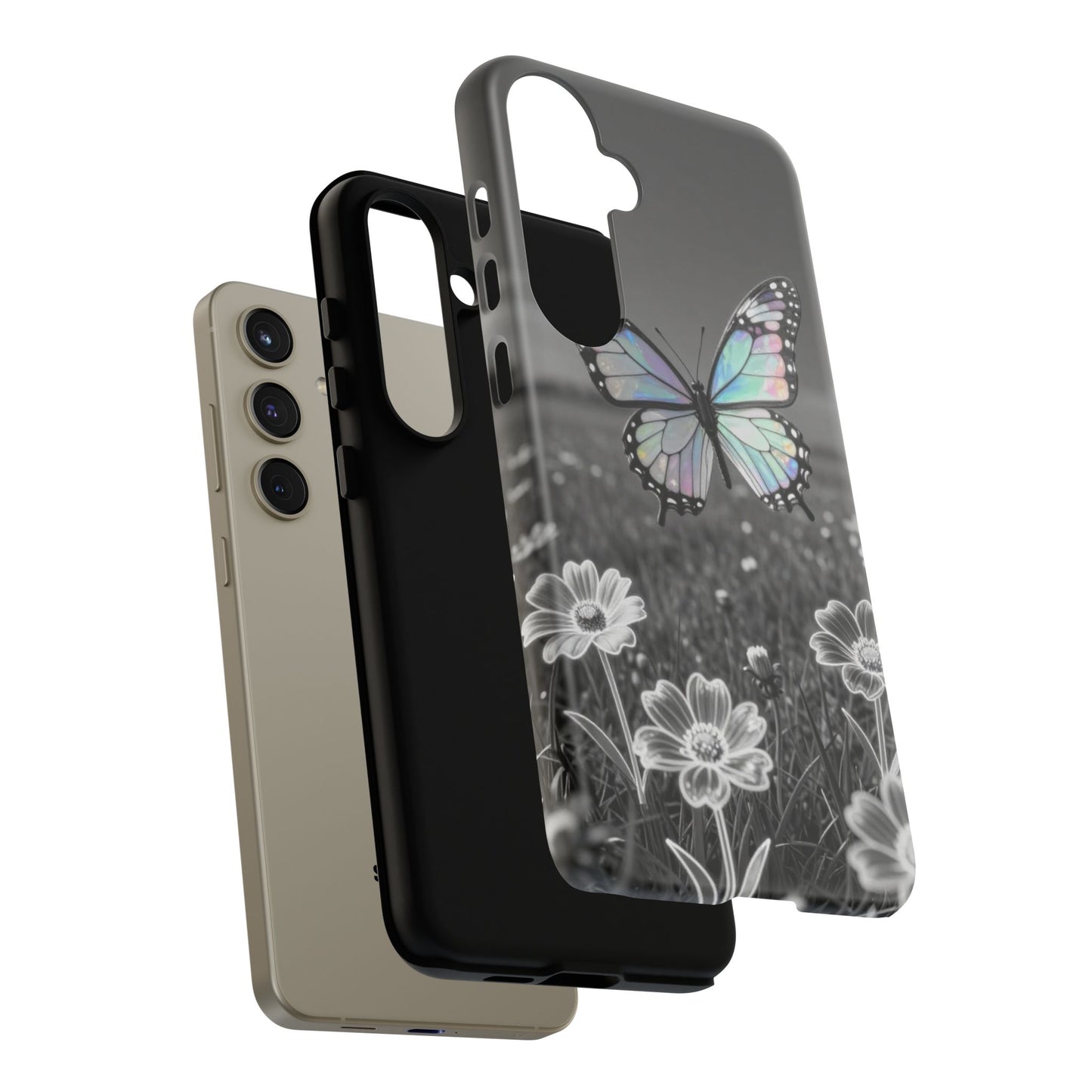 Butterfly Field Tough Phone Case — Pastel Holographic Butterfly on Black & White Floral Background