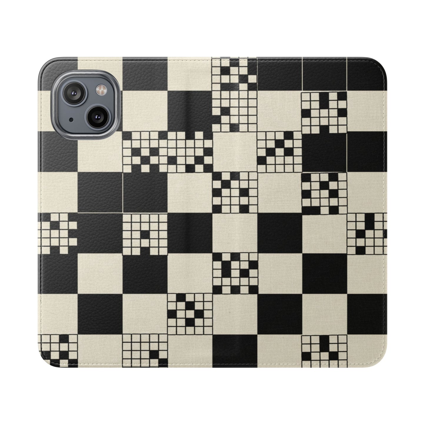 Checkerboard Flip Phone Case – Retro Black & Cream Geometric Wallet Case
