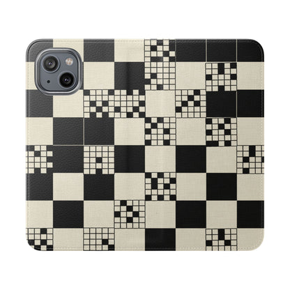 Checkerboard Flip Phone Case – Retro Black & Cream Geometric Wallet Case