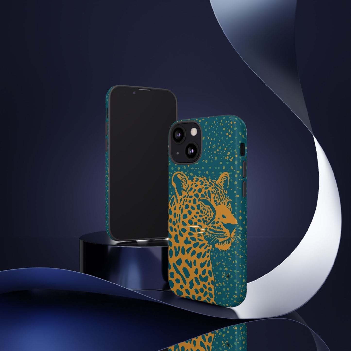 Leopard Print Tough Phone Case — Gold Panther on Teal, Protective iPhone Cover