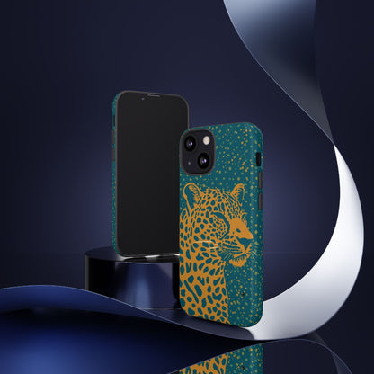 Leopard Print Tough Phone Case — Gold Panther on Teal, Protective iPhone Cover