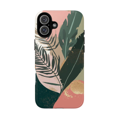 Tropical Leaf Tough Phone Case — Abstract Pink & Green Botanical Protective Cover