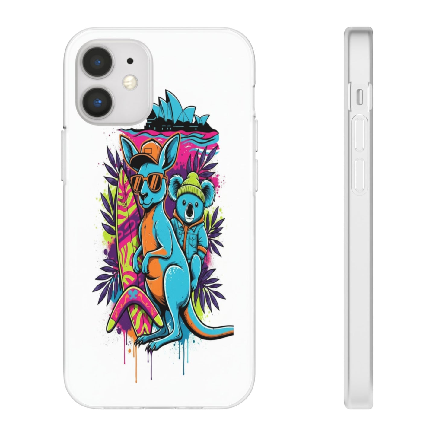 Kangaroo & Koala Surf Phone Case — Neon Aussie Beach Vibes Flexible Case
