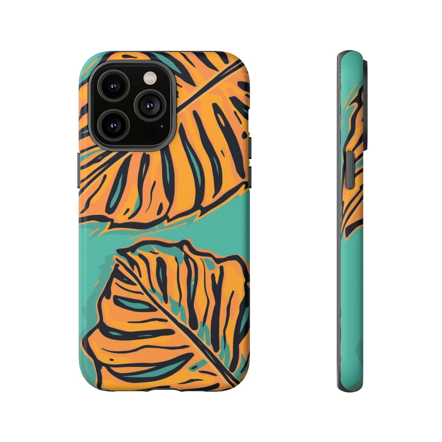 Tropical Leaf Tough Phone Case — Orange Monstera Design on Teal