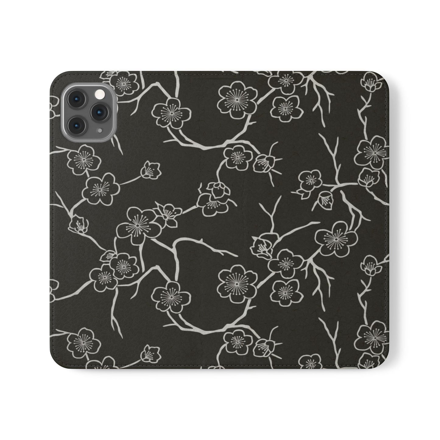 Black Cherry Blossom Flip Phone Case – Floral Wallet Flip Case with Card Slots