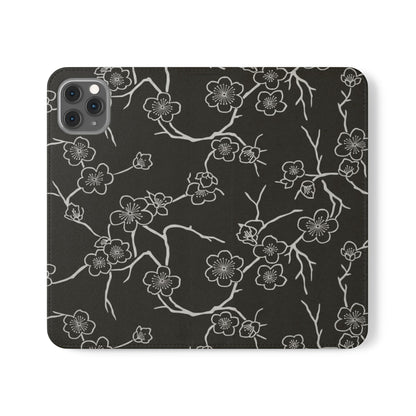 Black Cherry Blossom Flip Phone Case – Floral Wallet Flip Case with Card Slots