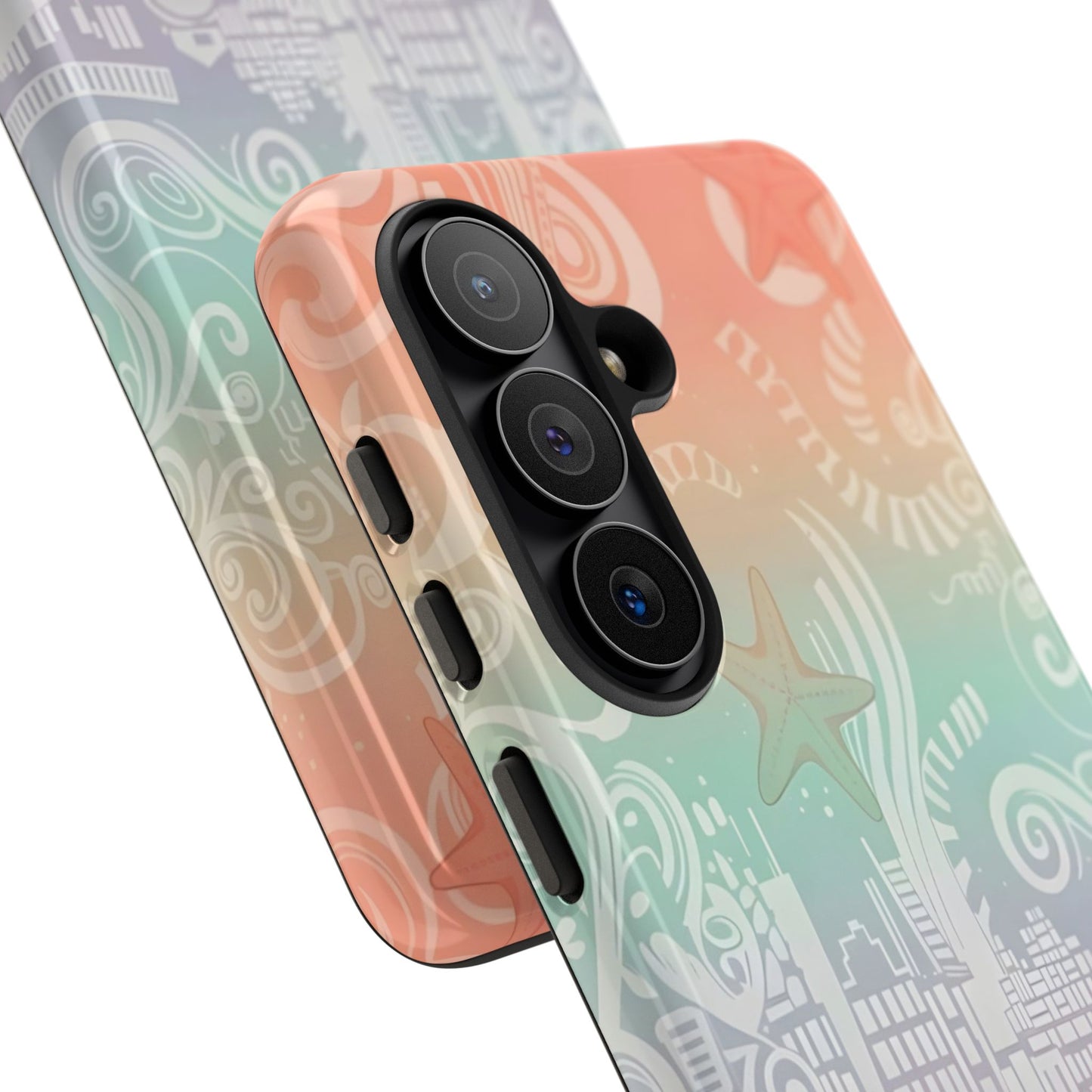 Tough Cases: Pastel Beach Pattern Phone Case — Starfish & Coastal Cityscape Protective Cover