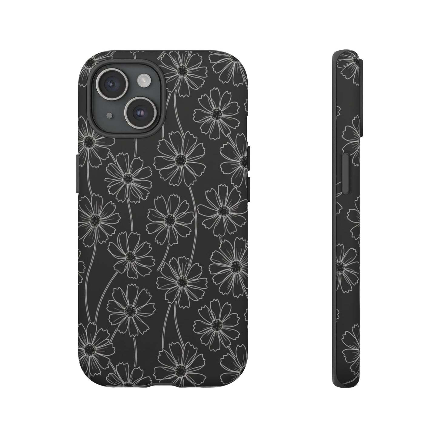 Floral Doodle Tough Phone Case — Black & Gray Daisy Pattern