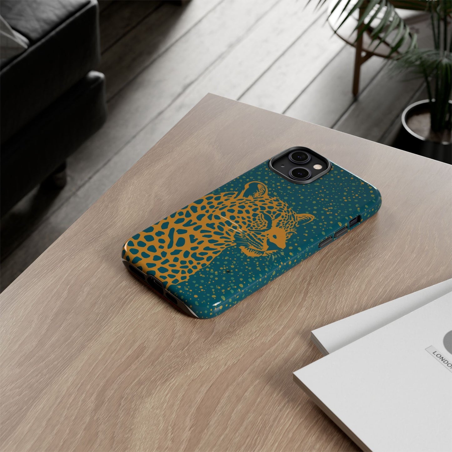 Leopard Spotlight Phone Case — Teal Gold Animal Print Protective Cover