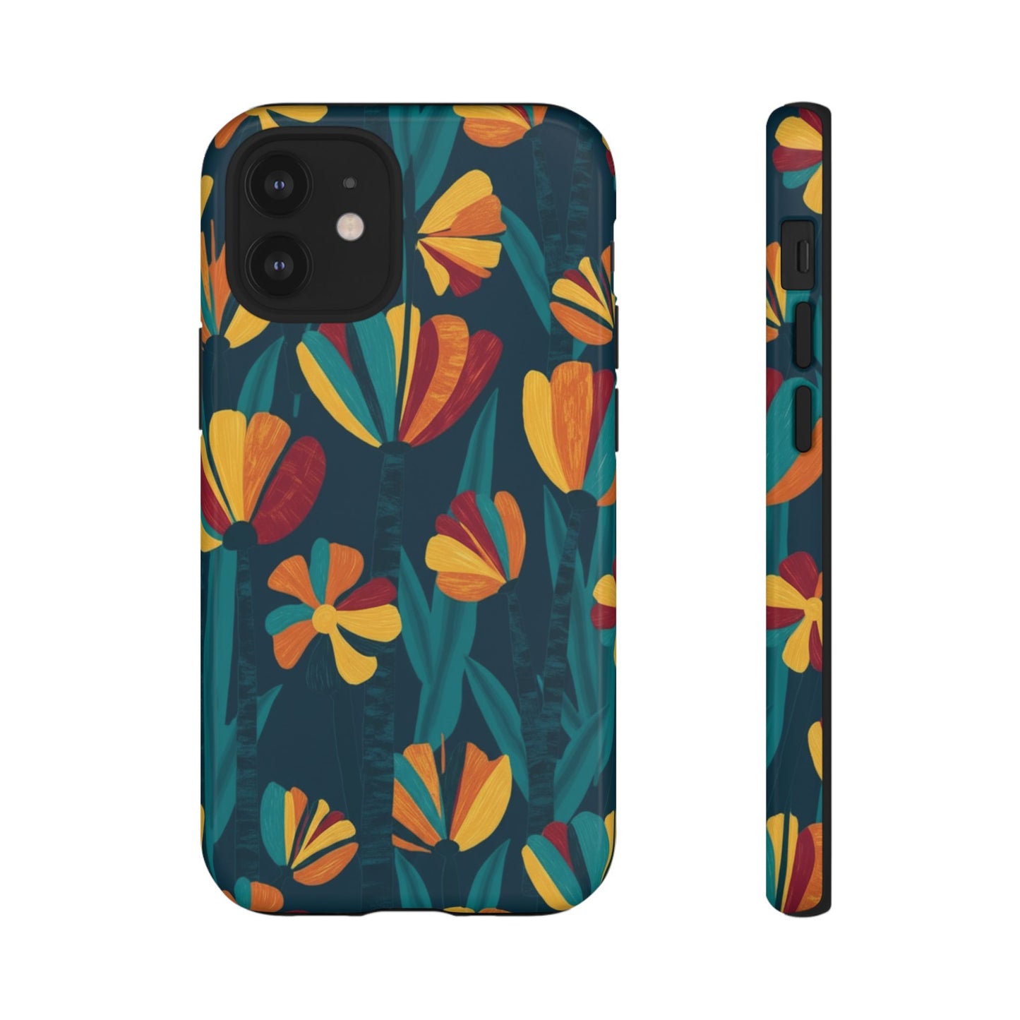 Floral Retro Teal Tough Phone Case — Vibrant Orange & Mustard Blooms
