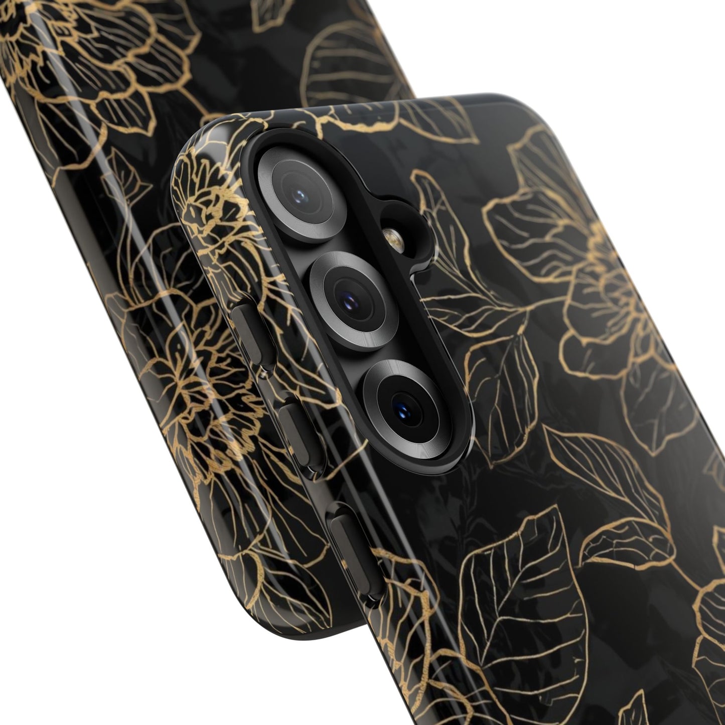 Floral Gold Outline Tough Phone Case – Black Botanical Protective Cover