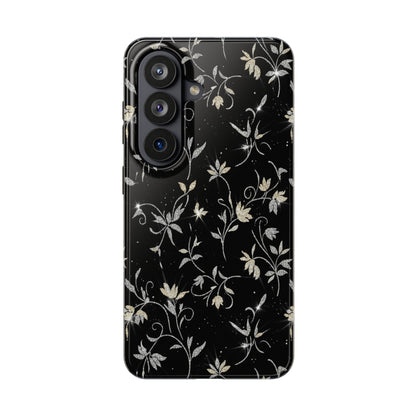 Floral Noir Tough Phone Case — Vintage Black Botanical Protective Cover