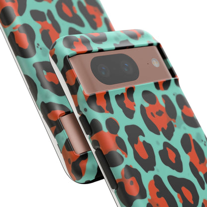 Leopard Print Tough Phone Case — Teal & Rust Protective iPhone Cover