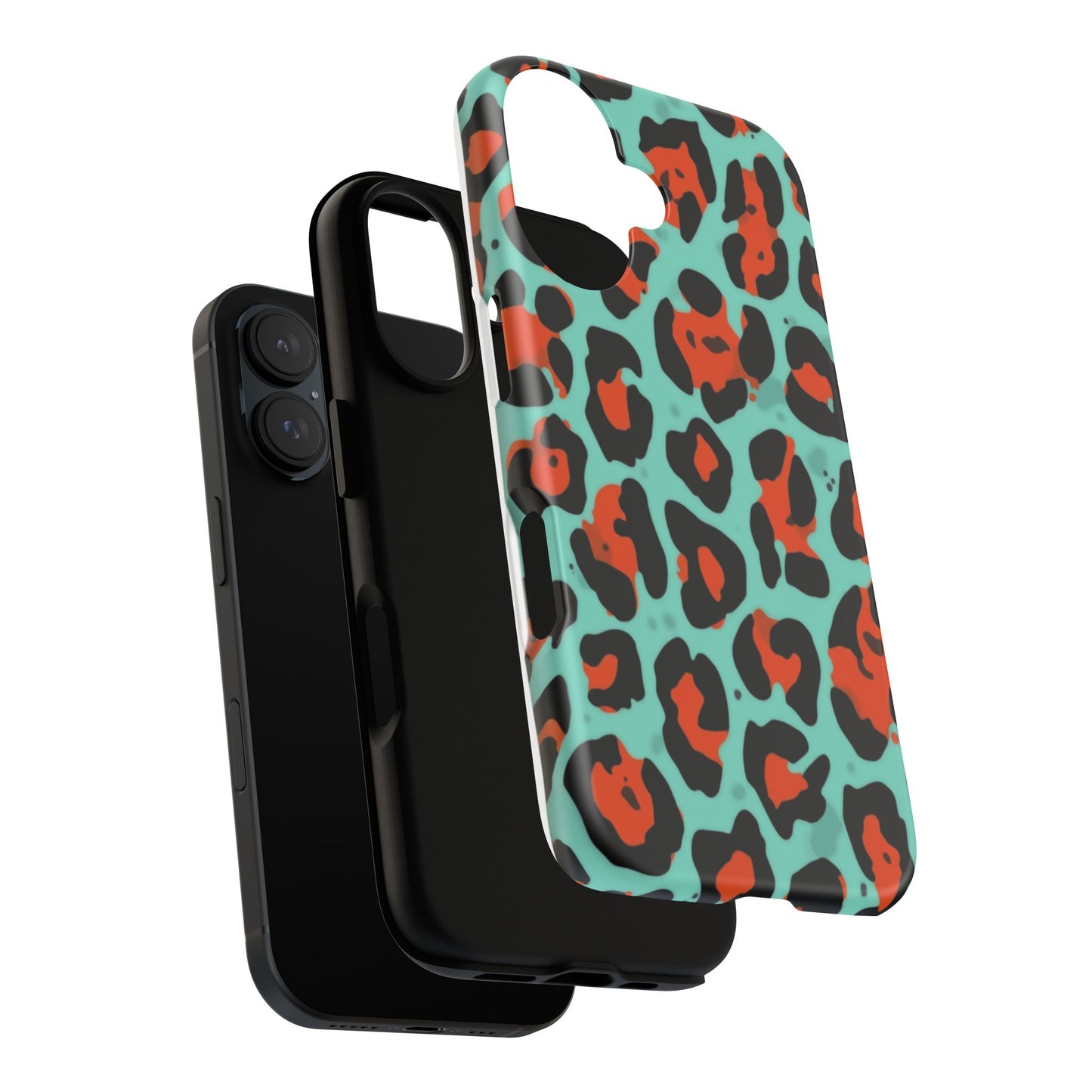 Leopard Print Tough Phone Case — Teal & Rust Protective iPhone Cover