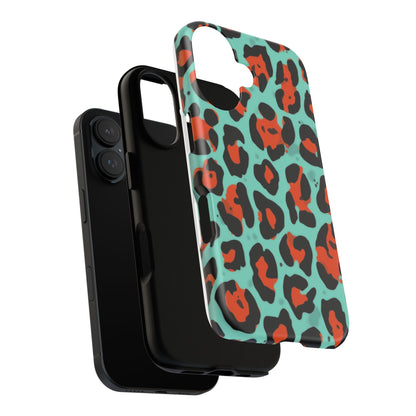 Leopard Print Tough Phone Case — Teal & Rust Protective iPhone Cover